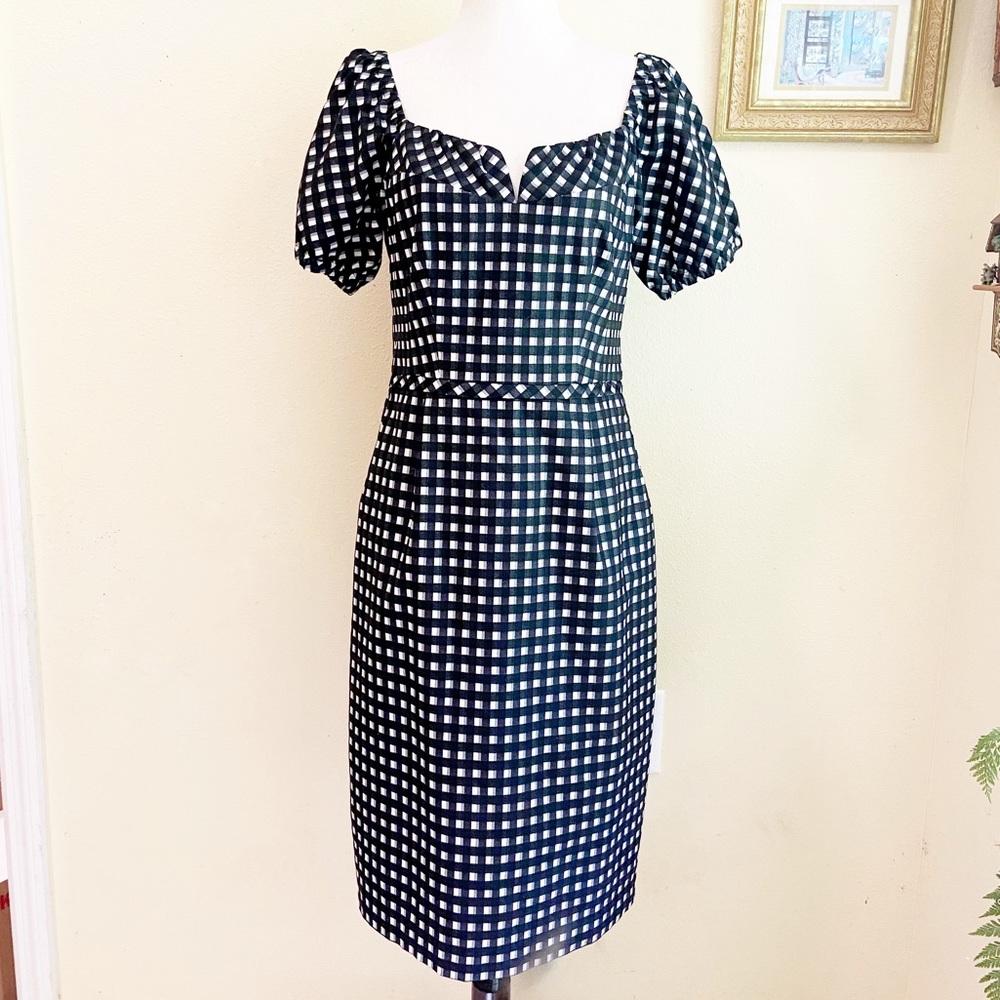 Nanette Leopore Gingham Dress Black White Sweetheart Pockets Cotton Plaid